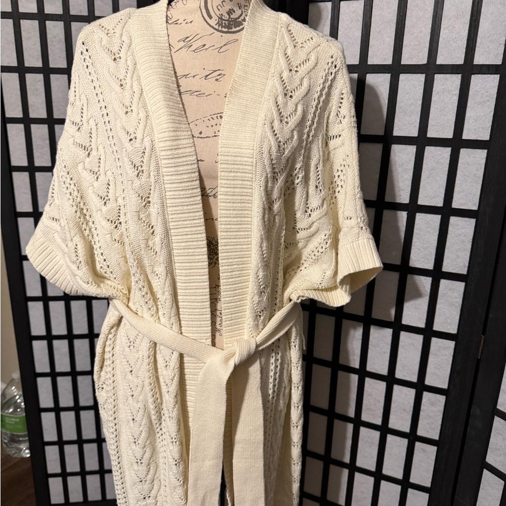 Torrid Cream Open-Knit Belted Sweater